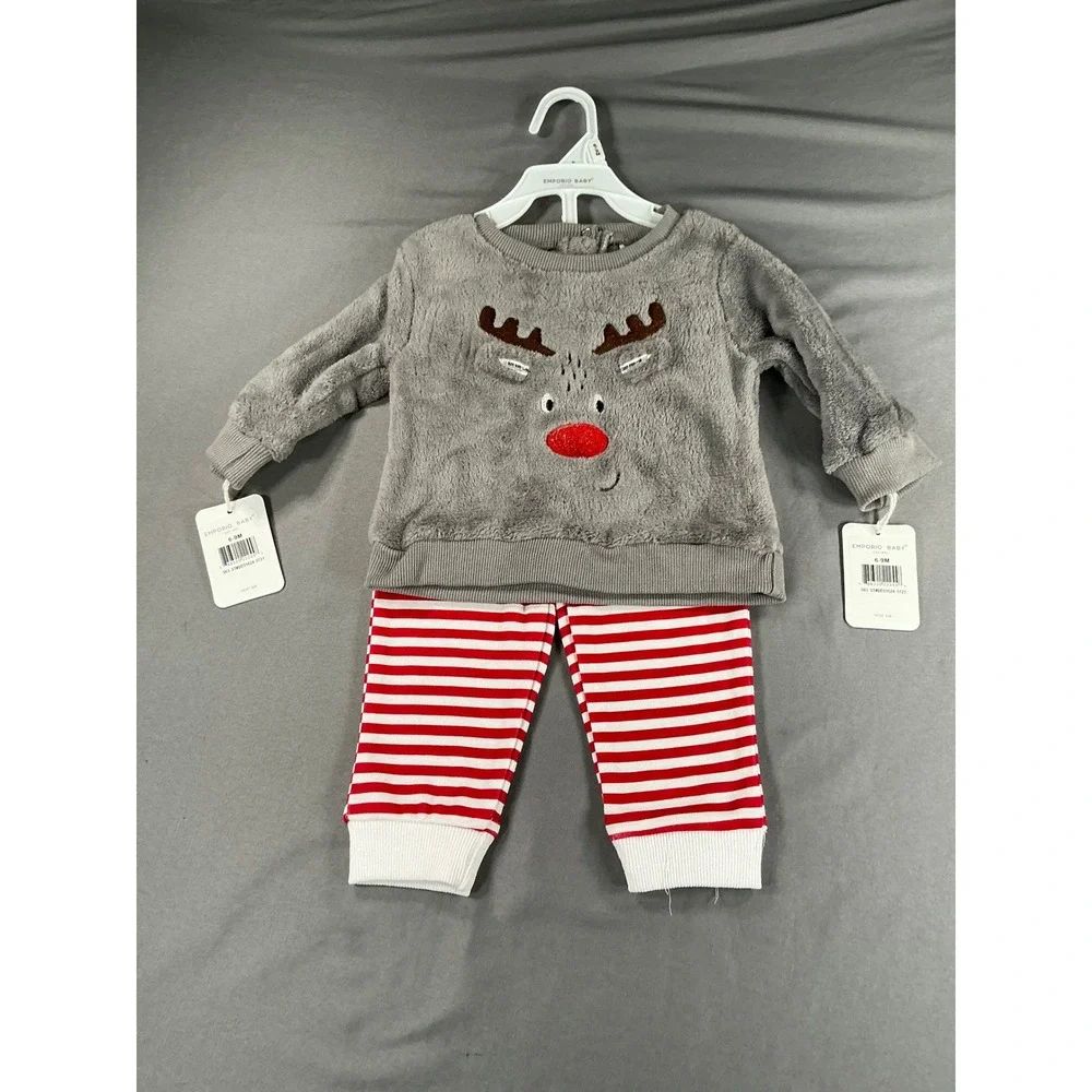 NWT Emporio Baby Reindeer Plush Top and Striped Pants 2PC Set Gray Red 6-9M